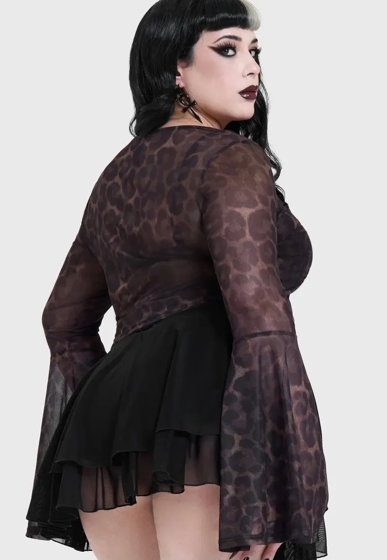 Leopard Flared Sleeve Brown Oberteil Mesh braun