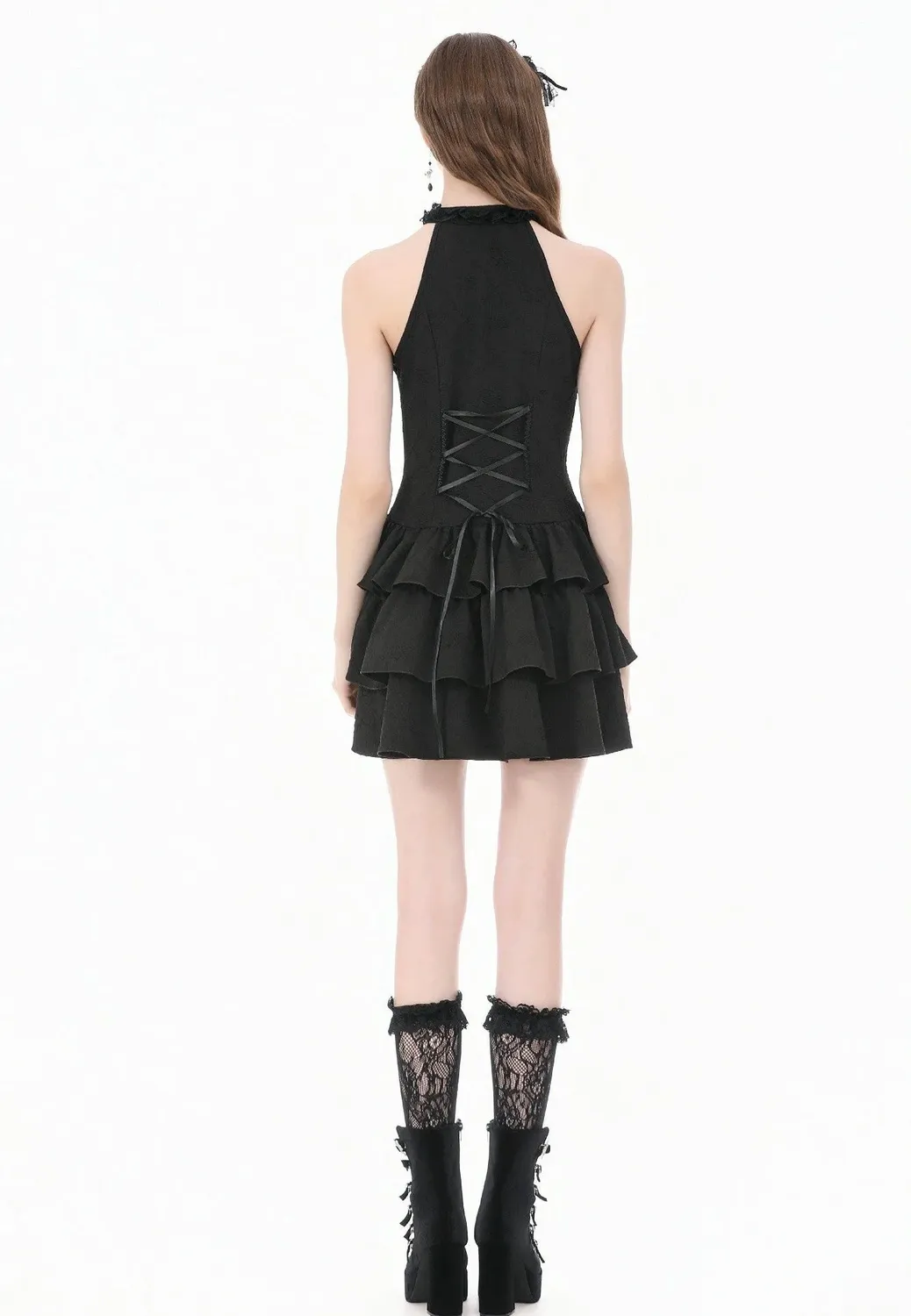 Impericon Gothic Halter Kleid Schwarz Spitze Jacquard Rüschen