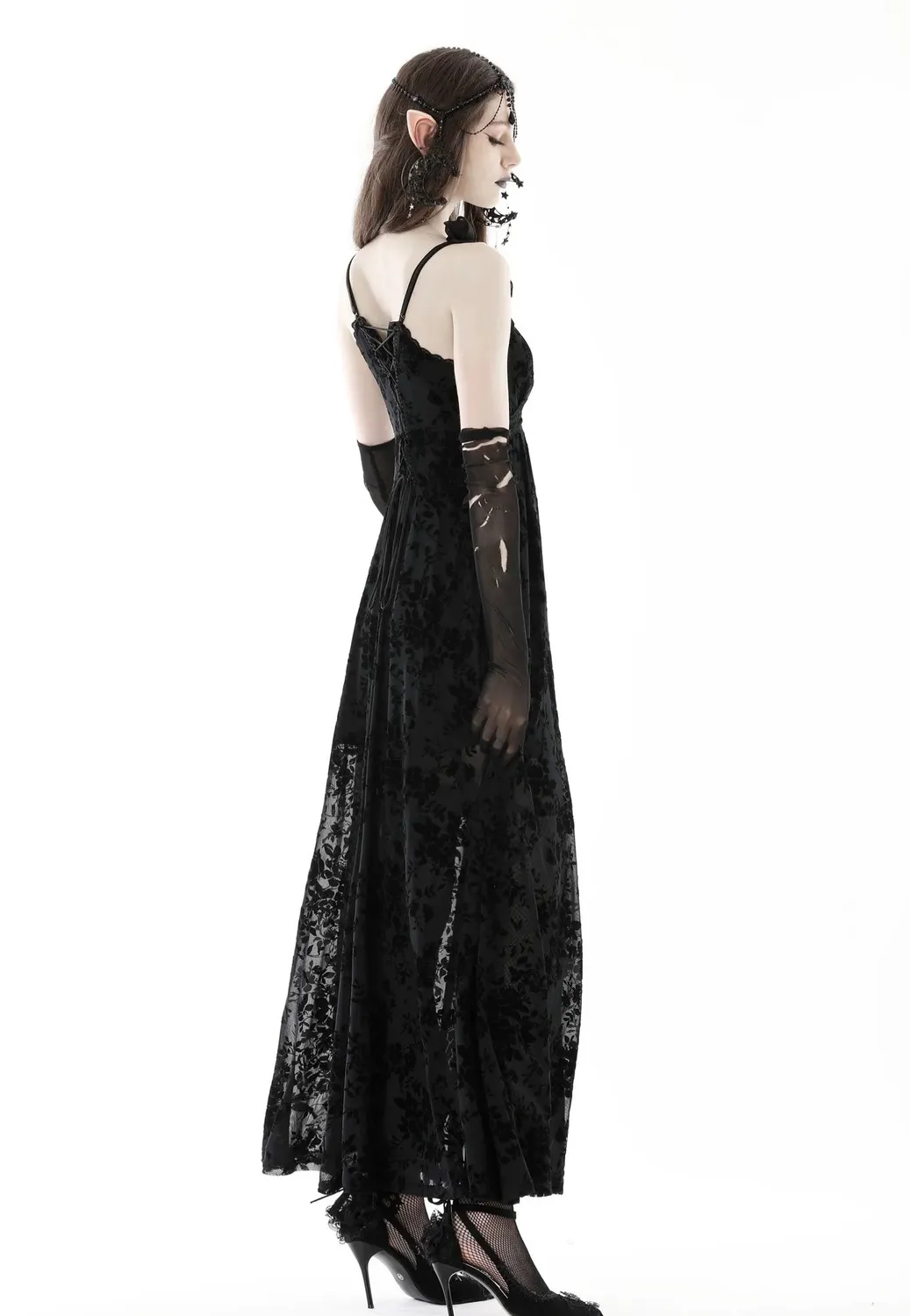 Impericon Gothic Rose Flocking Maxi Kleid schwarz Mesh