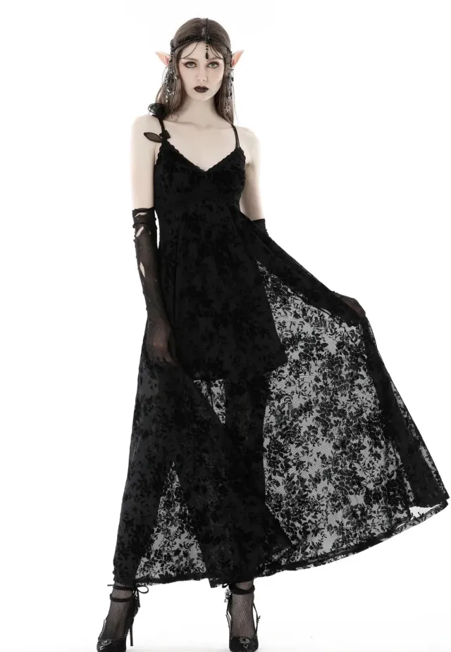 Impericon Gothic Rose Flocking Maxi Kleid schwarz Mesh
