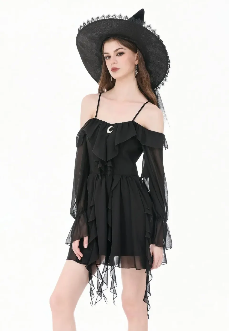 Impericon Gothic Black Chiffon Off The Shoulder Kleid schwarz