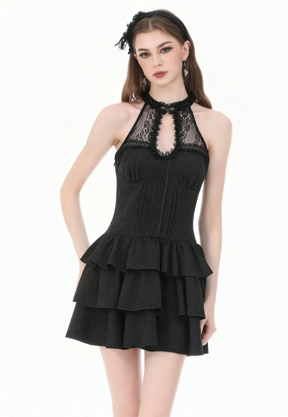 Impericon Gothic Halter Kleid Schwarz Spitze Jacquard Rüschen