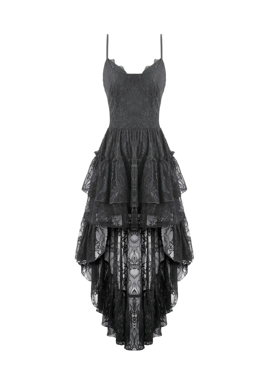 Retro Gothic Lace Camisole High-Low Ruffle Kleid Schwarz Spitze