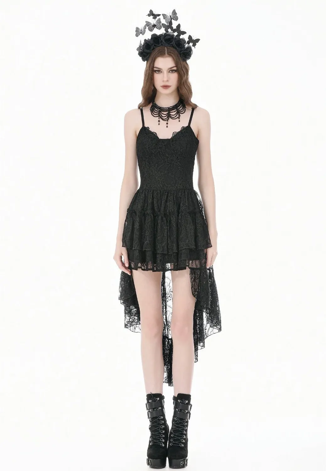 Retro Gothic Lace Camisole High-Low Ruffle Kleid Schwarz Spitze