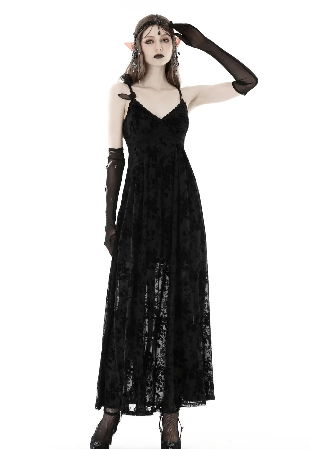 Impericon Gothic Rose Flocking Maxi Kleid schwarz Mesh