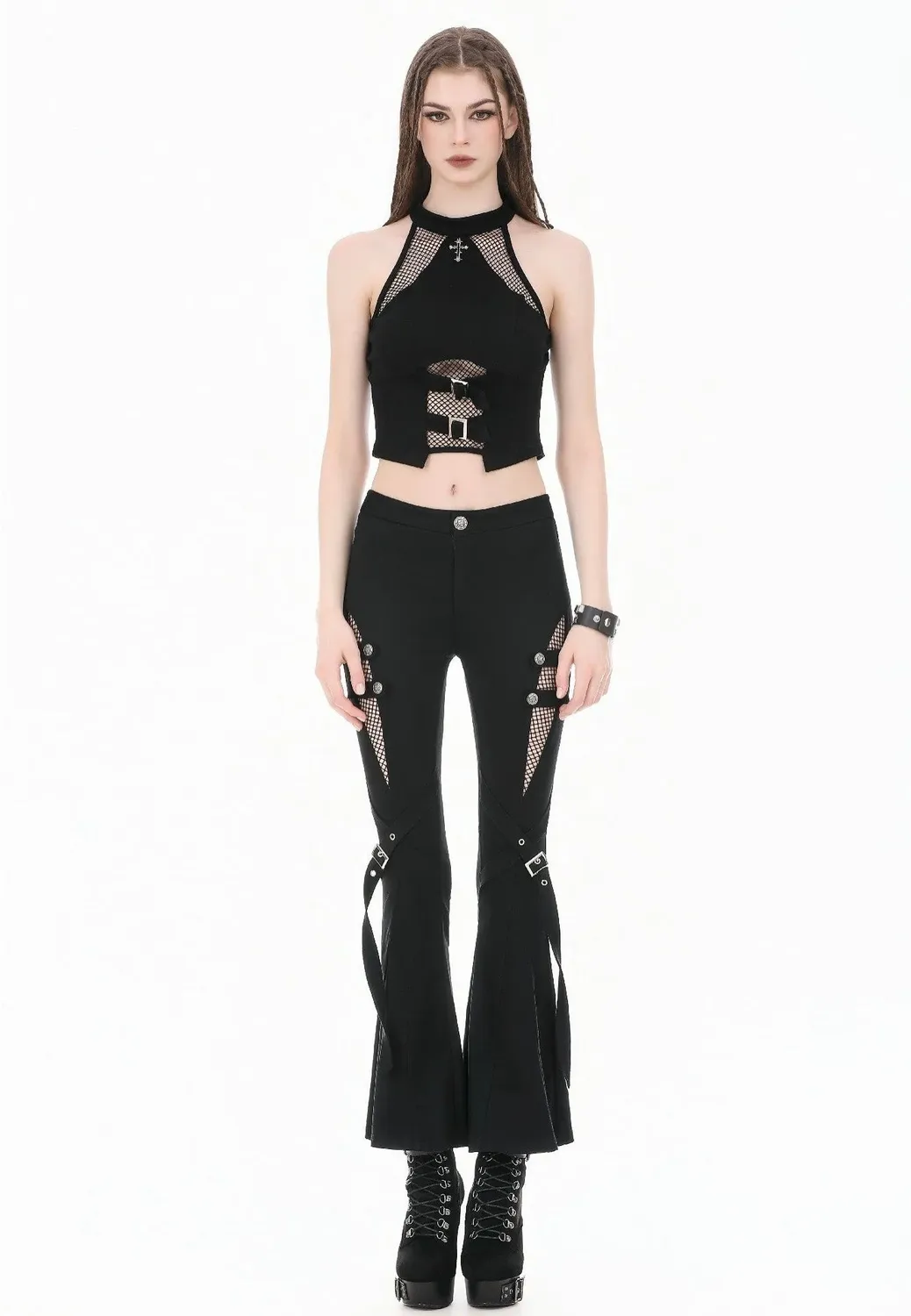 Dark Rift Mesh Patchwork Flare Hose schwarz Gothic