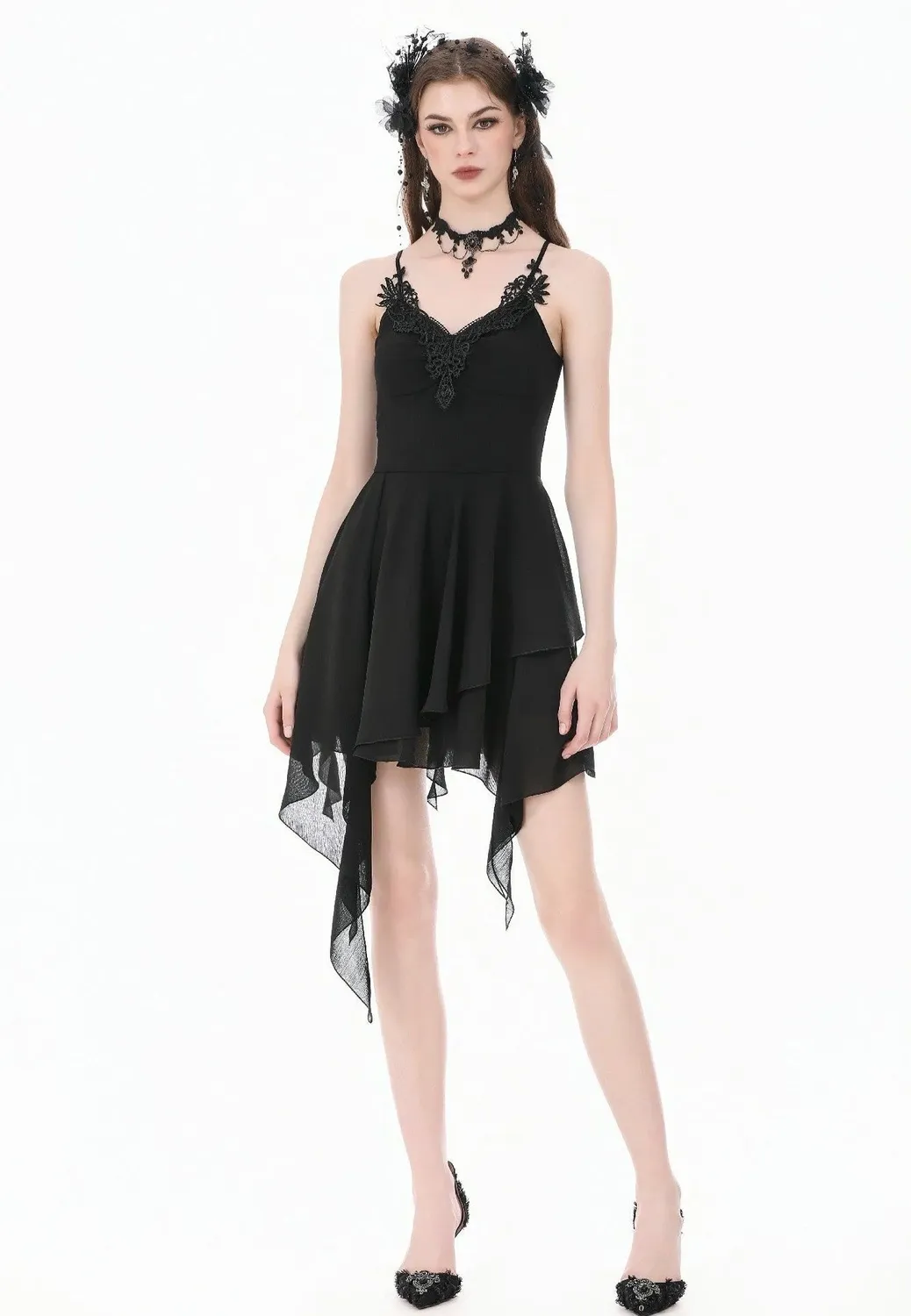 Impericon Goth V-Neck Lace Embroidery Kleid schwarz