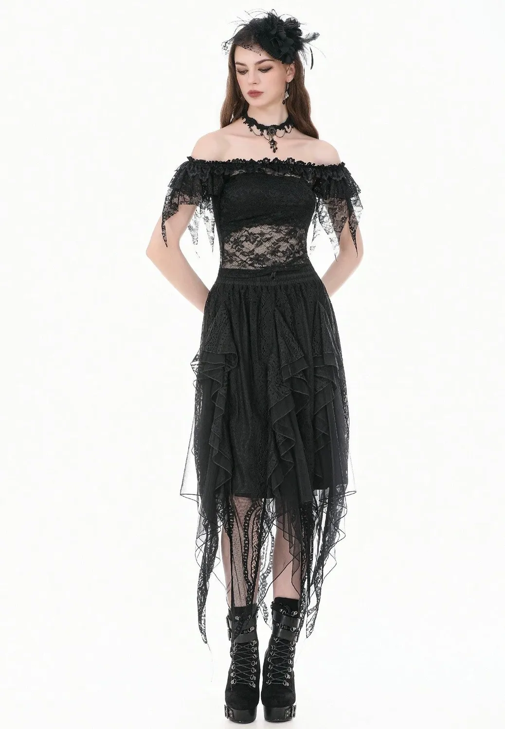 Impericon Gothic Romantic Off Shoulder Top Spitze schwarz