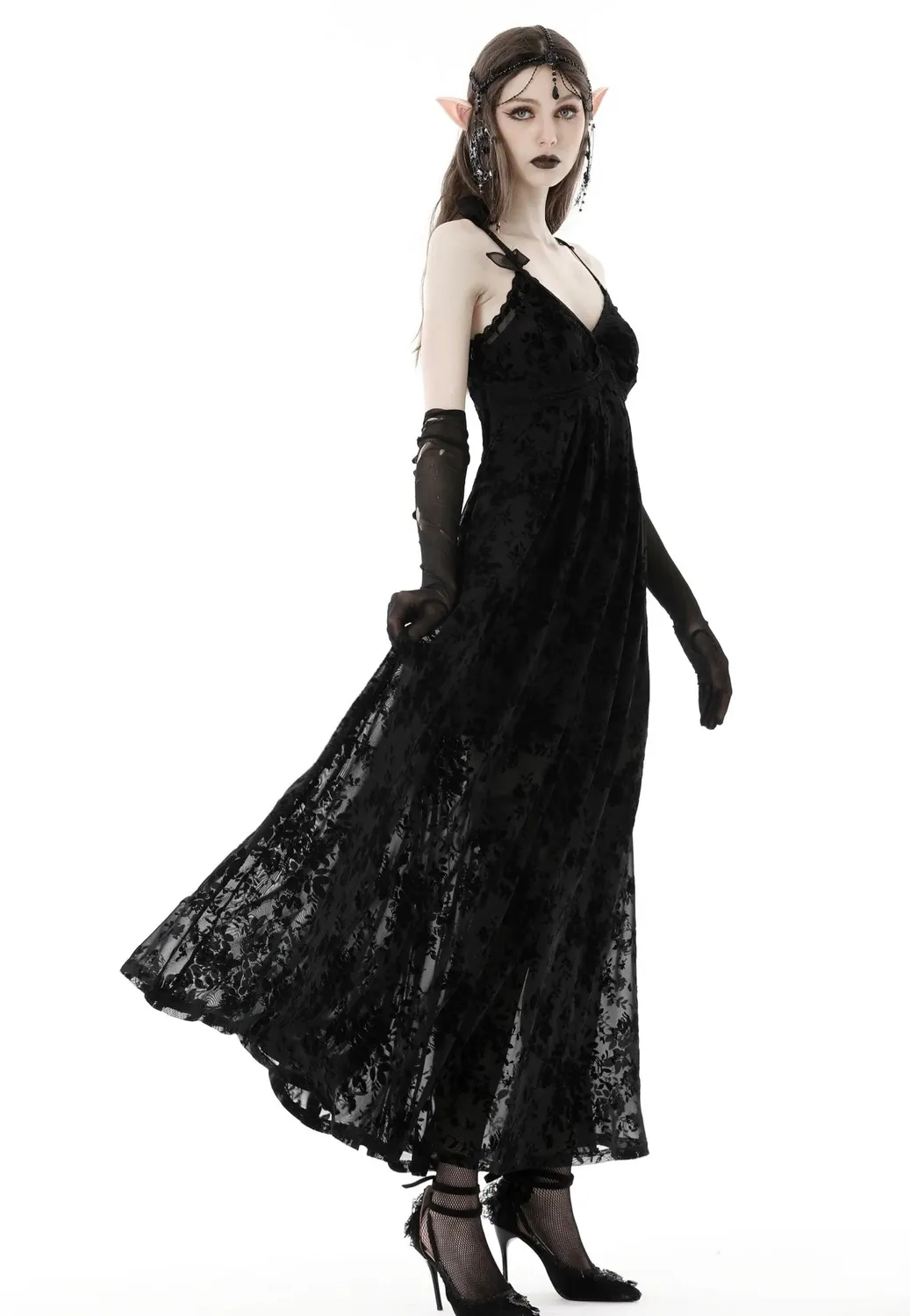Impericon Gothic Rose Flocking Maxi Kleid schwarz Mesh
