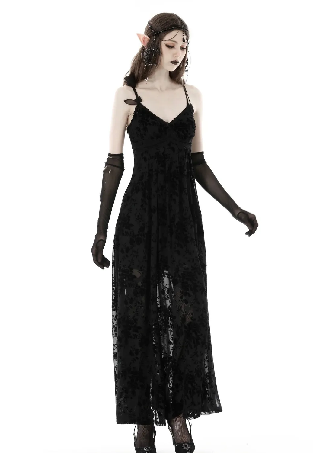 Impericon Gothic Rose Flocking Maxi Kleid schwarz Mesh