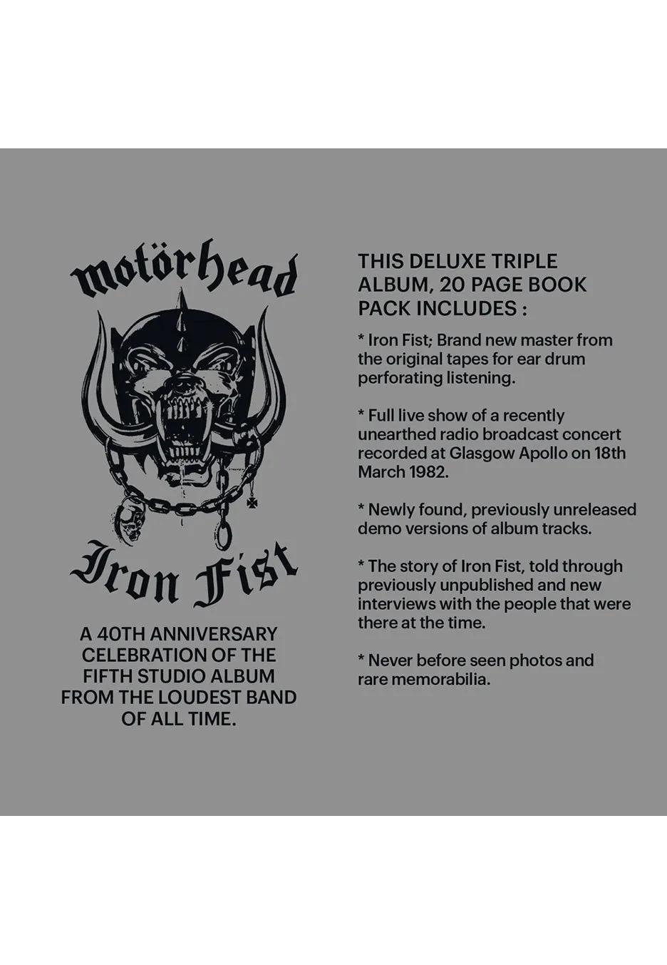 Motörhead Iron Fist 40th Anniversary 3x Vinyl