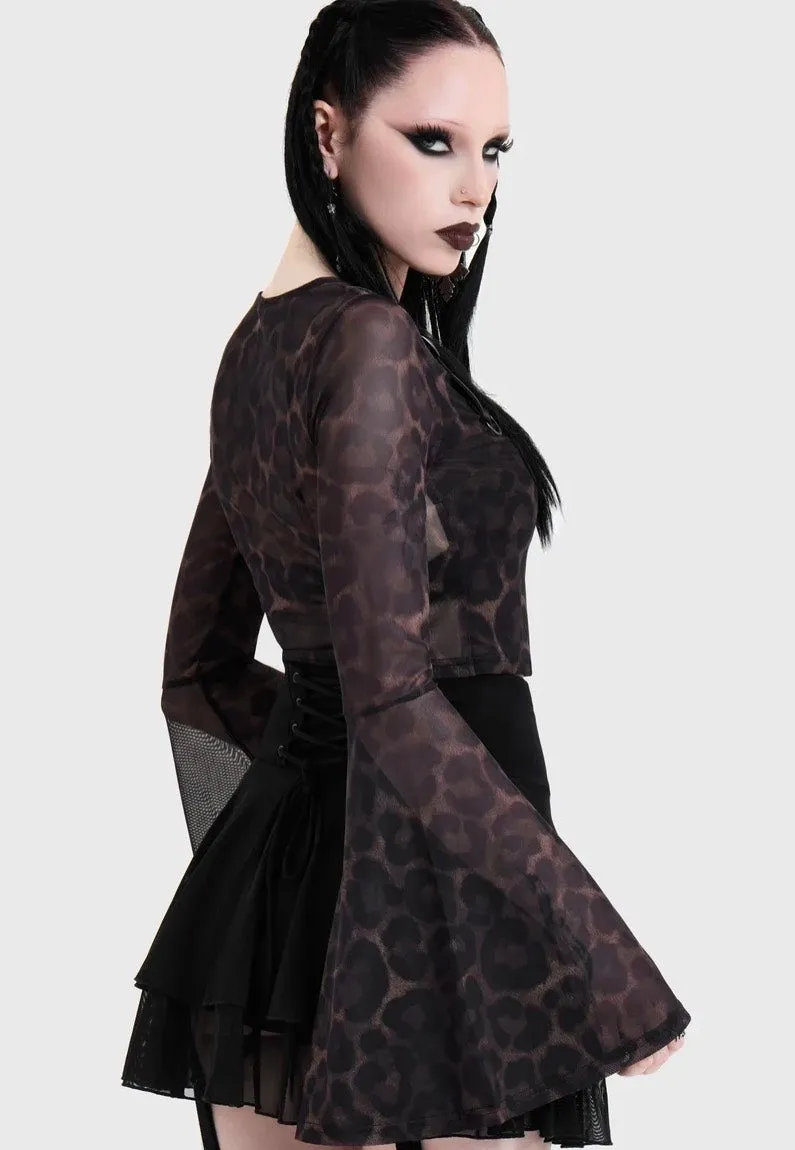 Leopard Flared Sleeve Brown Oberteil Mesh braun