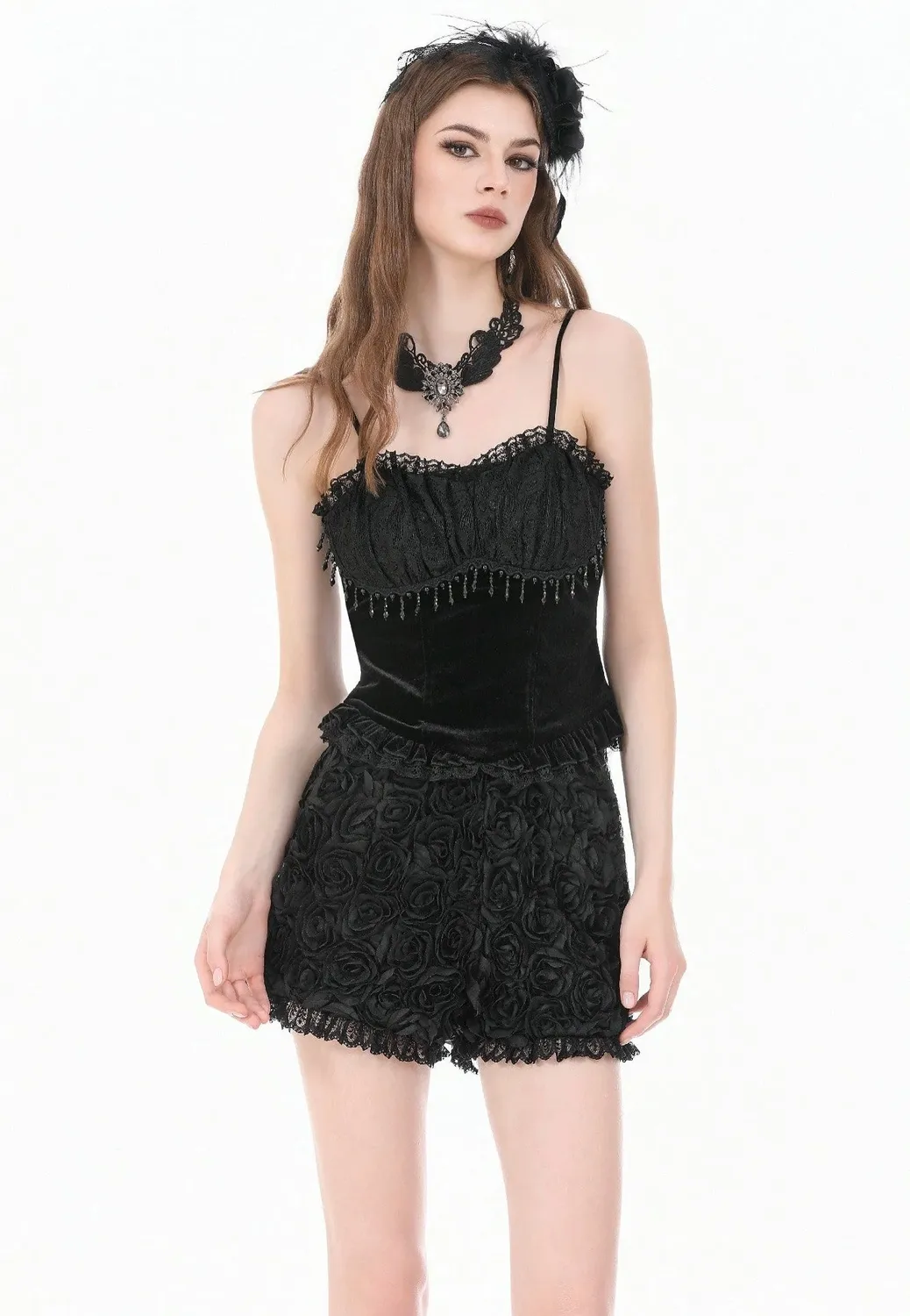 Impericon Dark Rose Gothic 3D Floral Shorts schwarz
