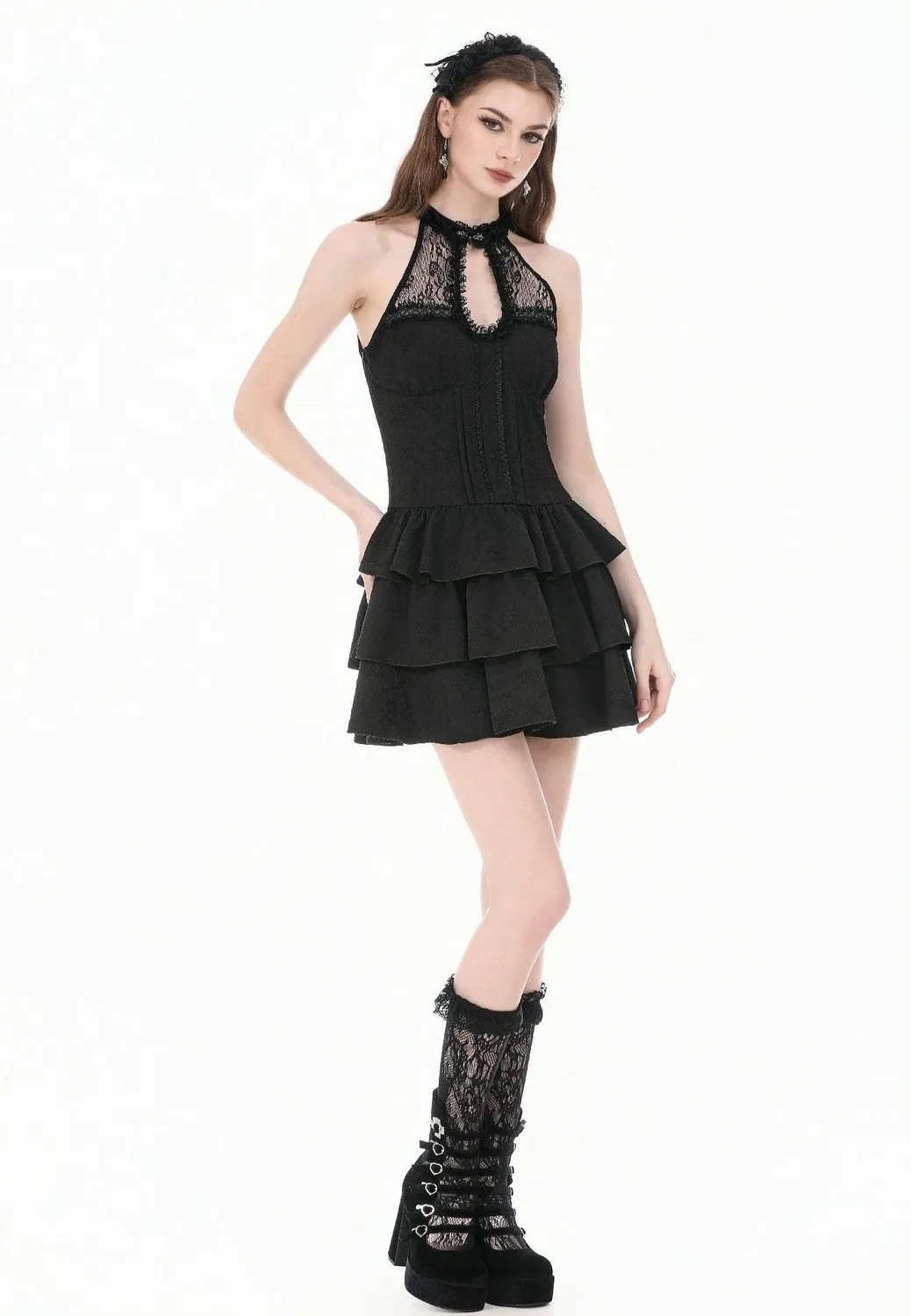 Impericon Gothic Halter Kleid Schwarz Spitze Jacquard Rüschen