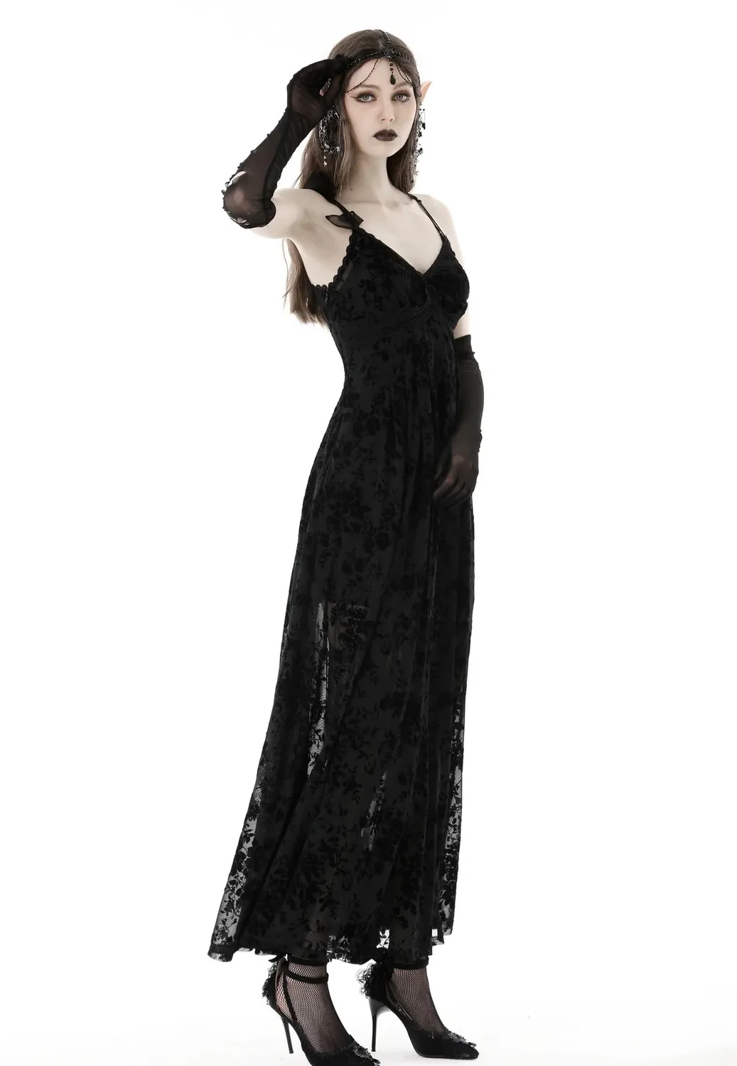 Impericon Gothic Rose Flocking Maxi Kleid schwarz Mesh