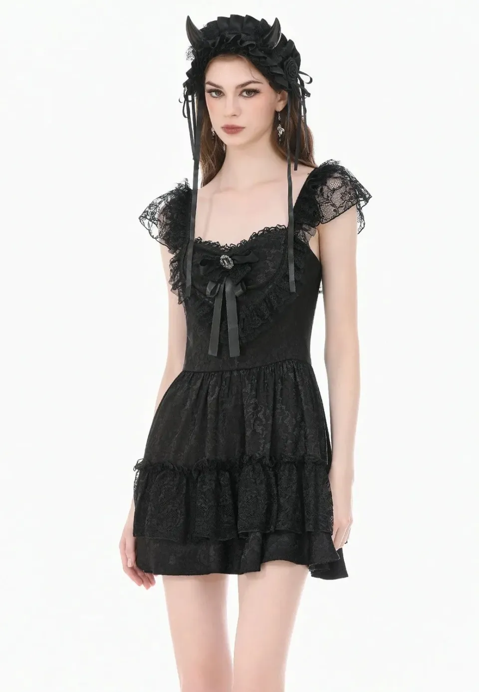 Impericon Gothic Lolita Jacquard Lace Flutter-Sleeve Cake Kleid schwarz