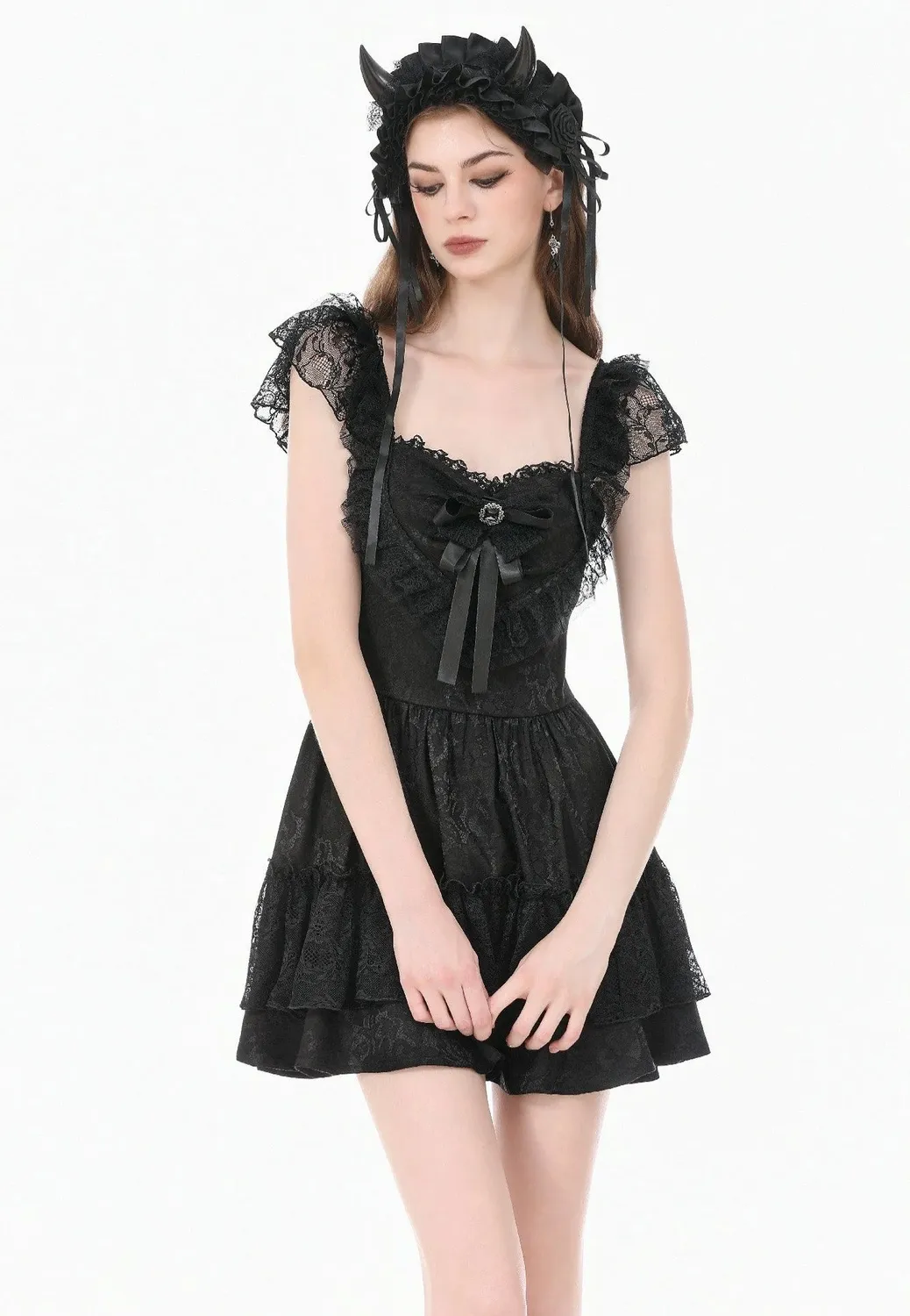 Impericon Gothic Lolita Jacquard Lace Flutter-Sleeve Cake Kleid schwarz