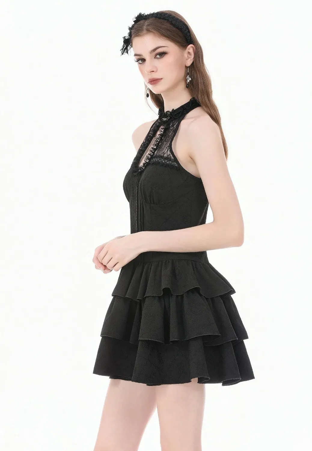 Impericon Gothic Halter Kleid Schwarz Spitze Jacquard Rüschen