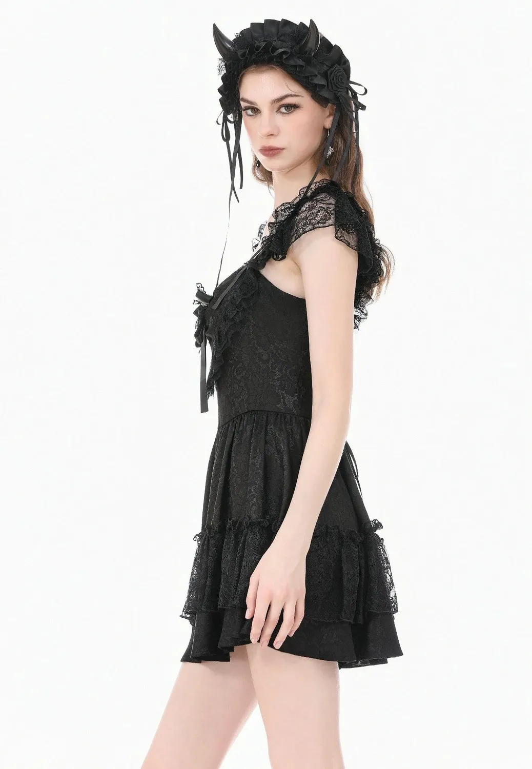 Impericon Gothic Lolita Jacquard Lace Flutter-Sleeve Cake Kleid schwarz