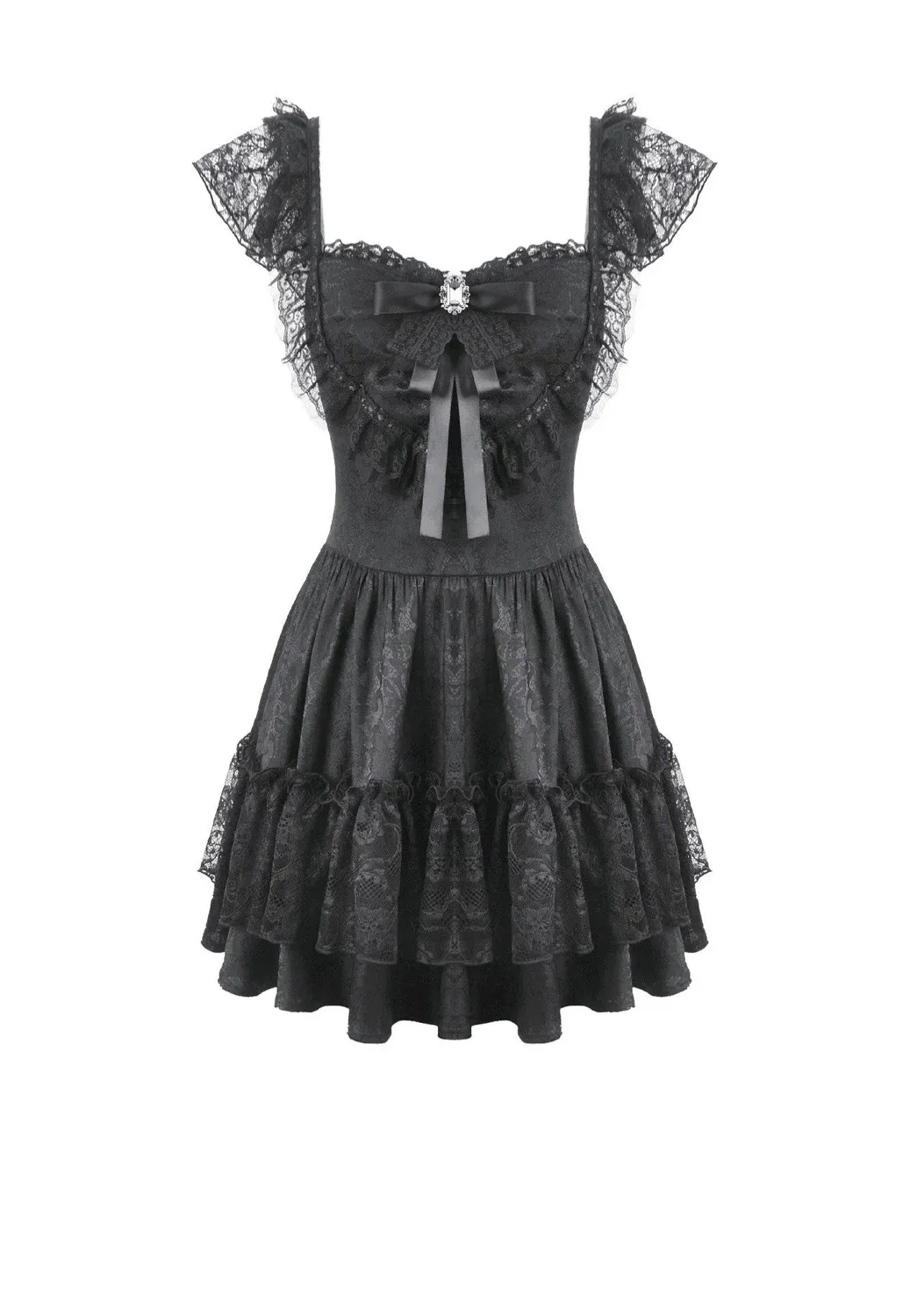 Impericon Gothic Lolita Jacquard Lace Flutter-Sleeve Cake Kleid schwarz