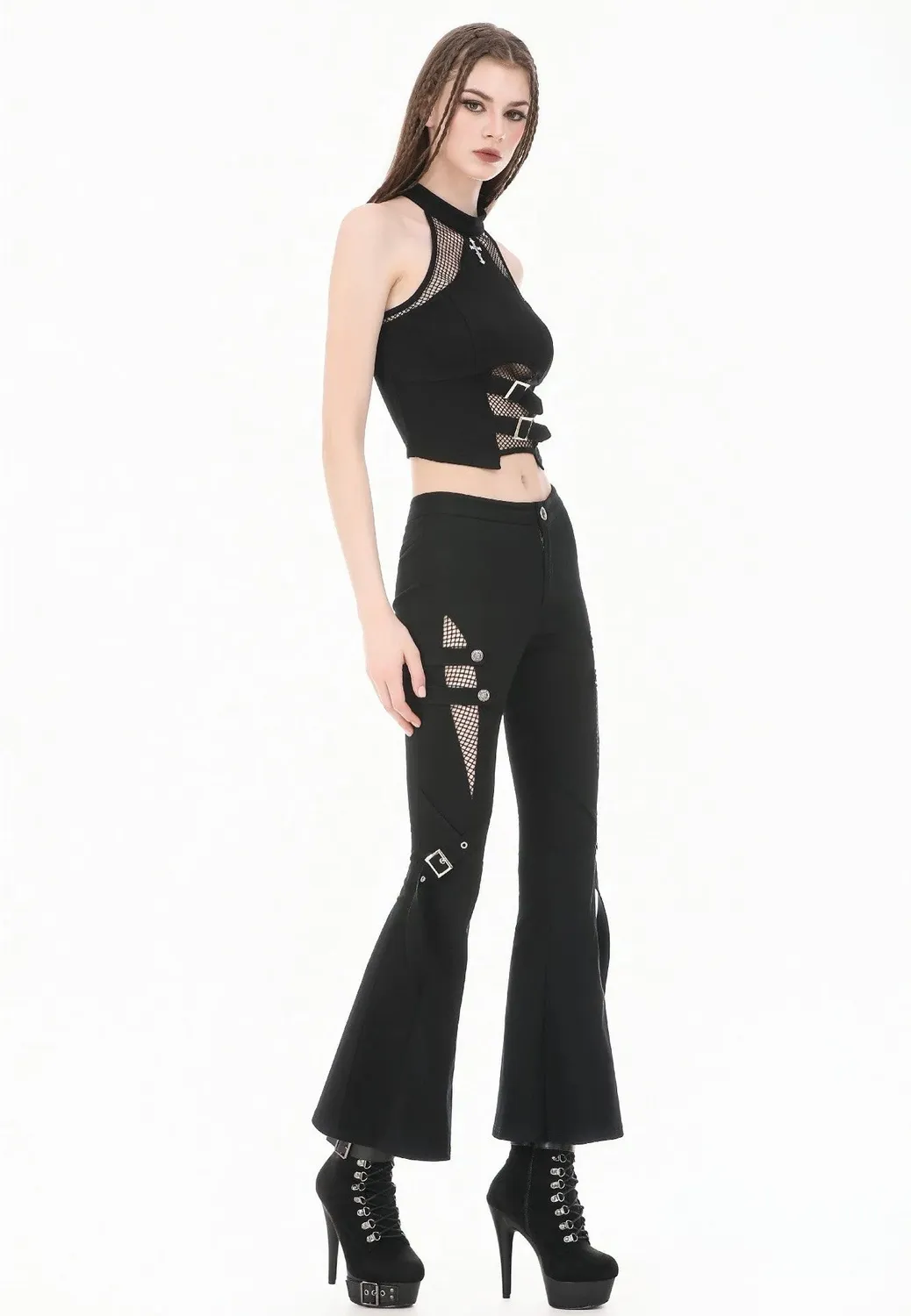 Dark Rift Mesh Patchwork Flare Hose schwarz Gothic