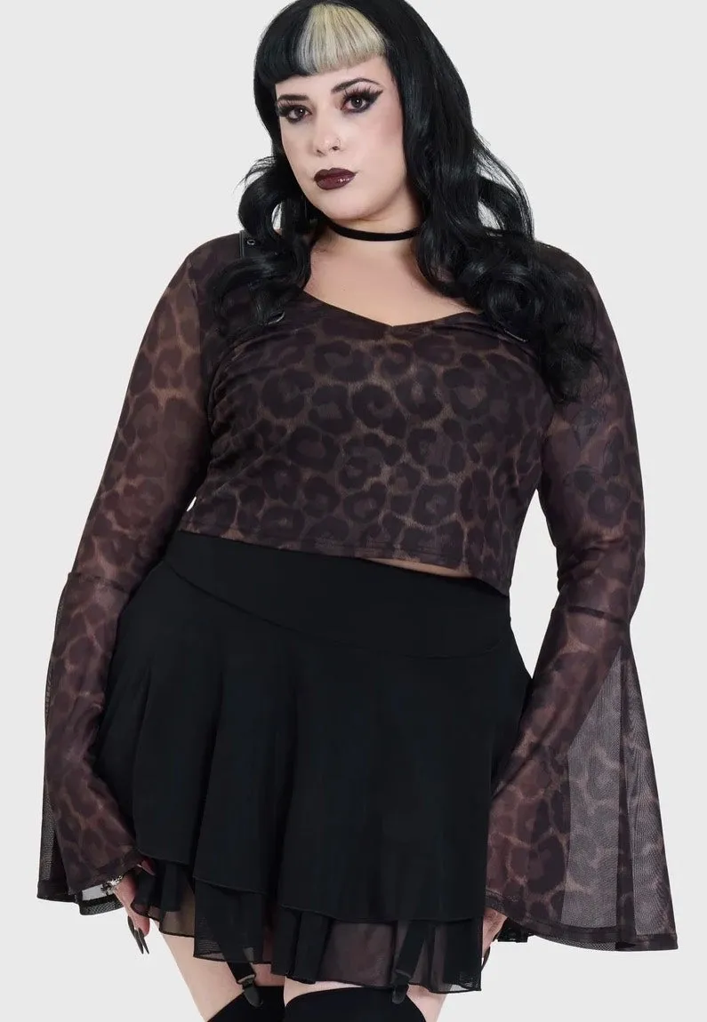 Leopard Flared Sleeve Brown Oberteil Mesh braun