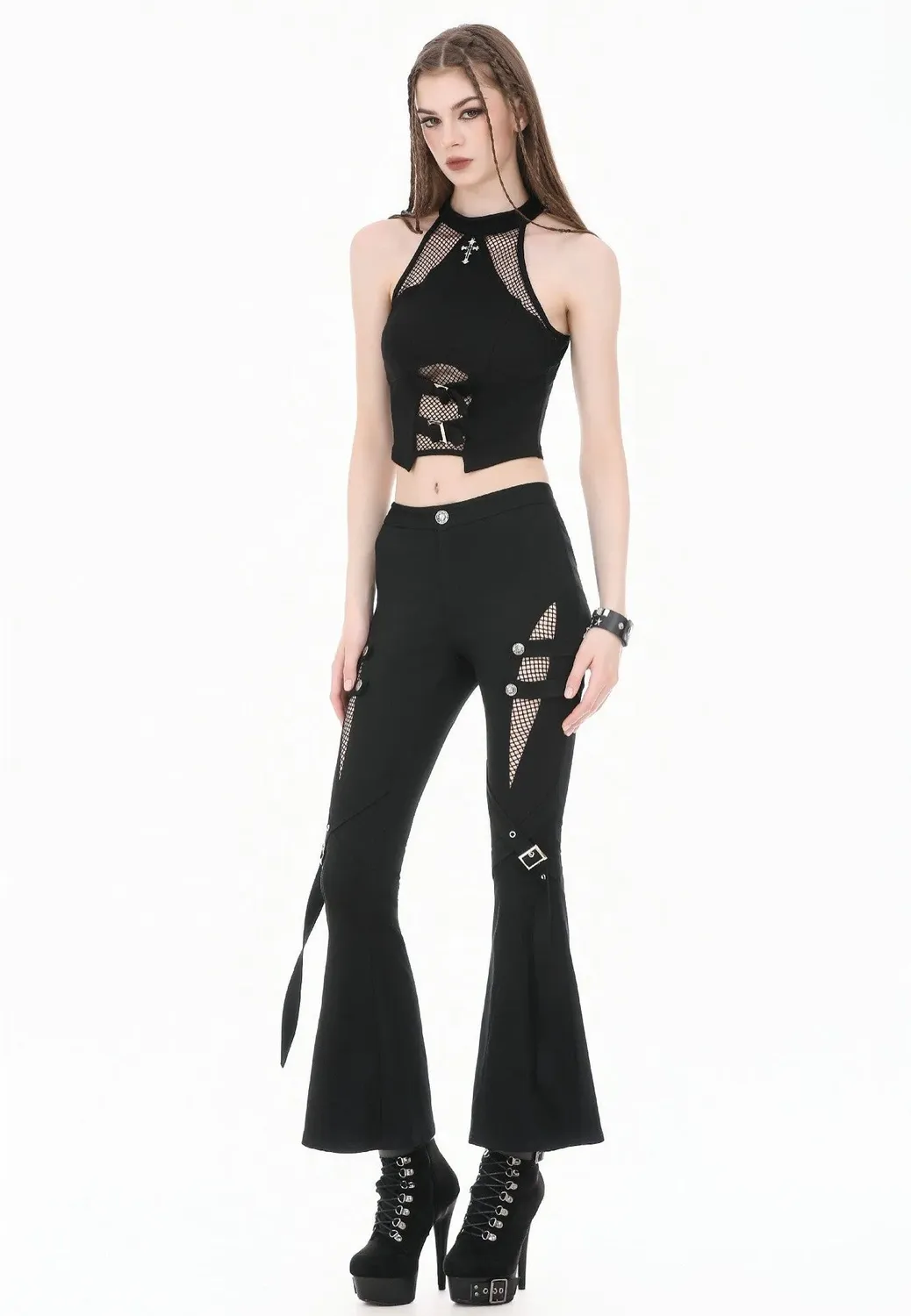 Dark Rift Mesh Patchwork Flare Hose schwarz Gothic