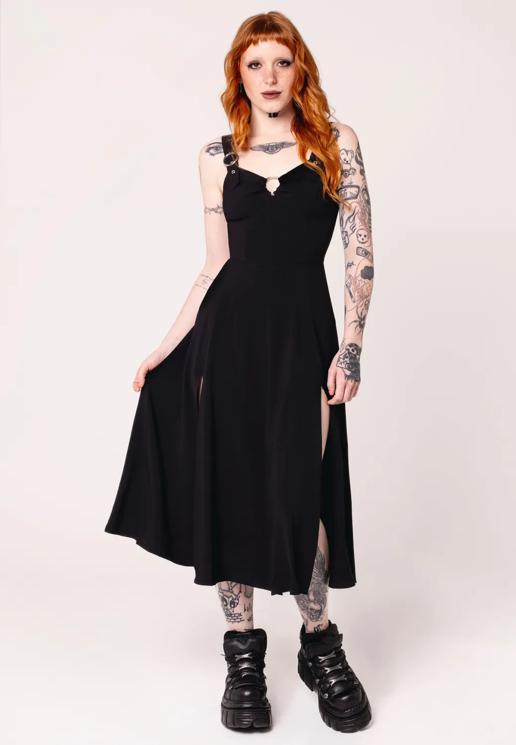 Impericon Morgana Black Kleid schwarz Midi ärmellos
