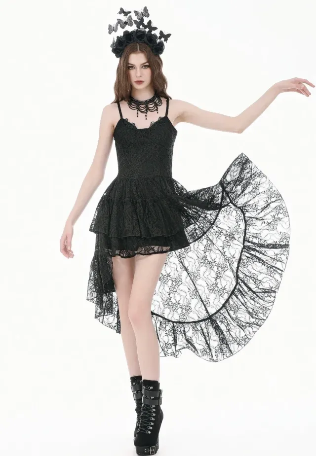 Retro Gothic Lace Camisole High-Low Ruffle Kleid Schwarz Spitze