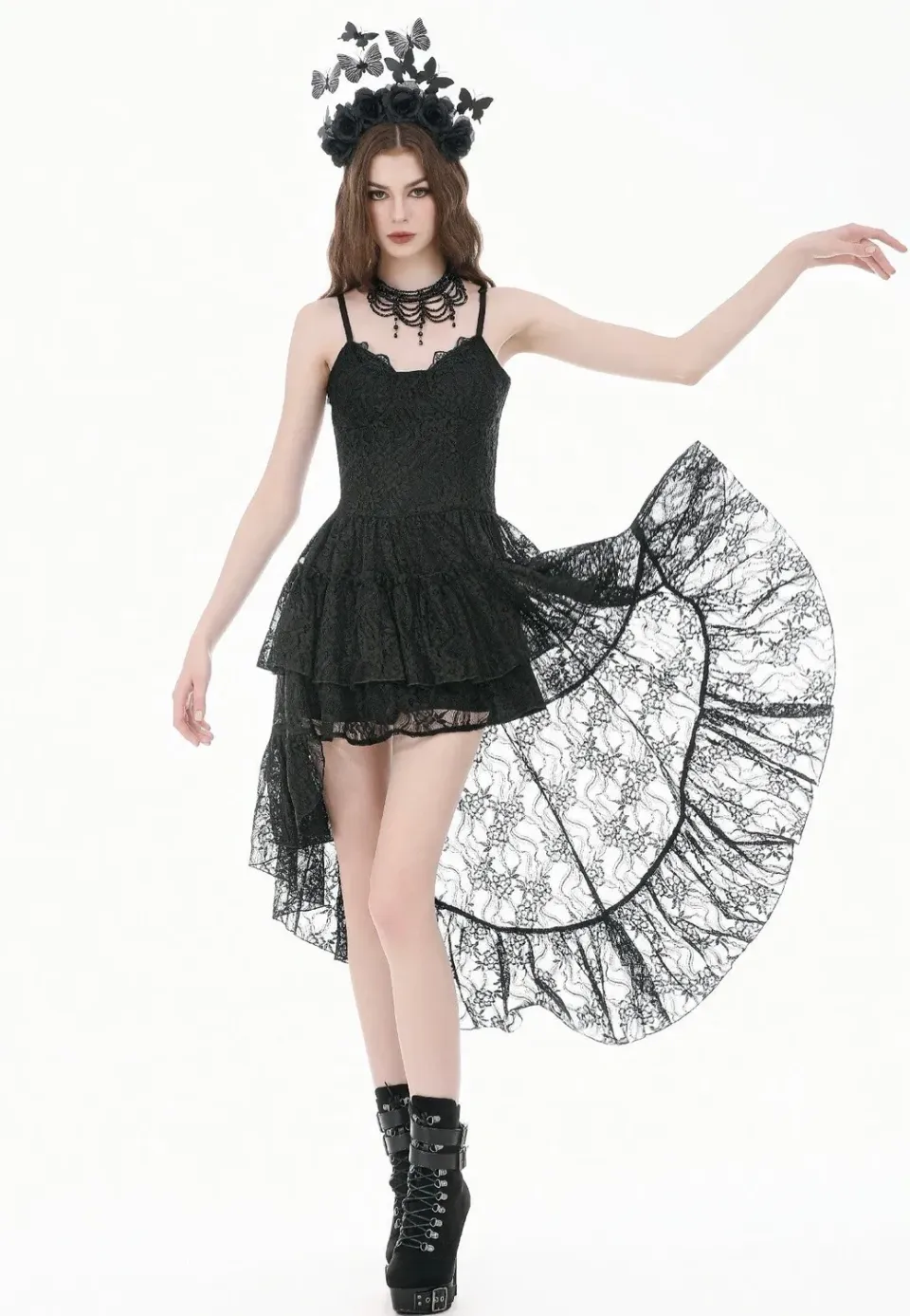 Retro Gothic Lace Camisole High-Low Ruffle Kleid Schwarz Spitze