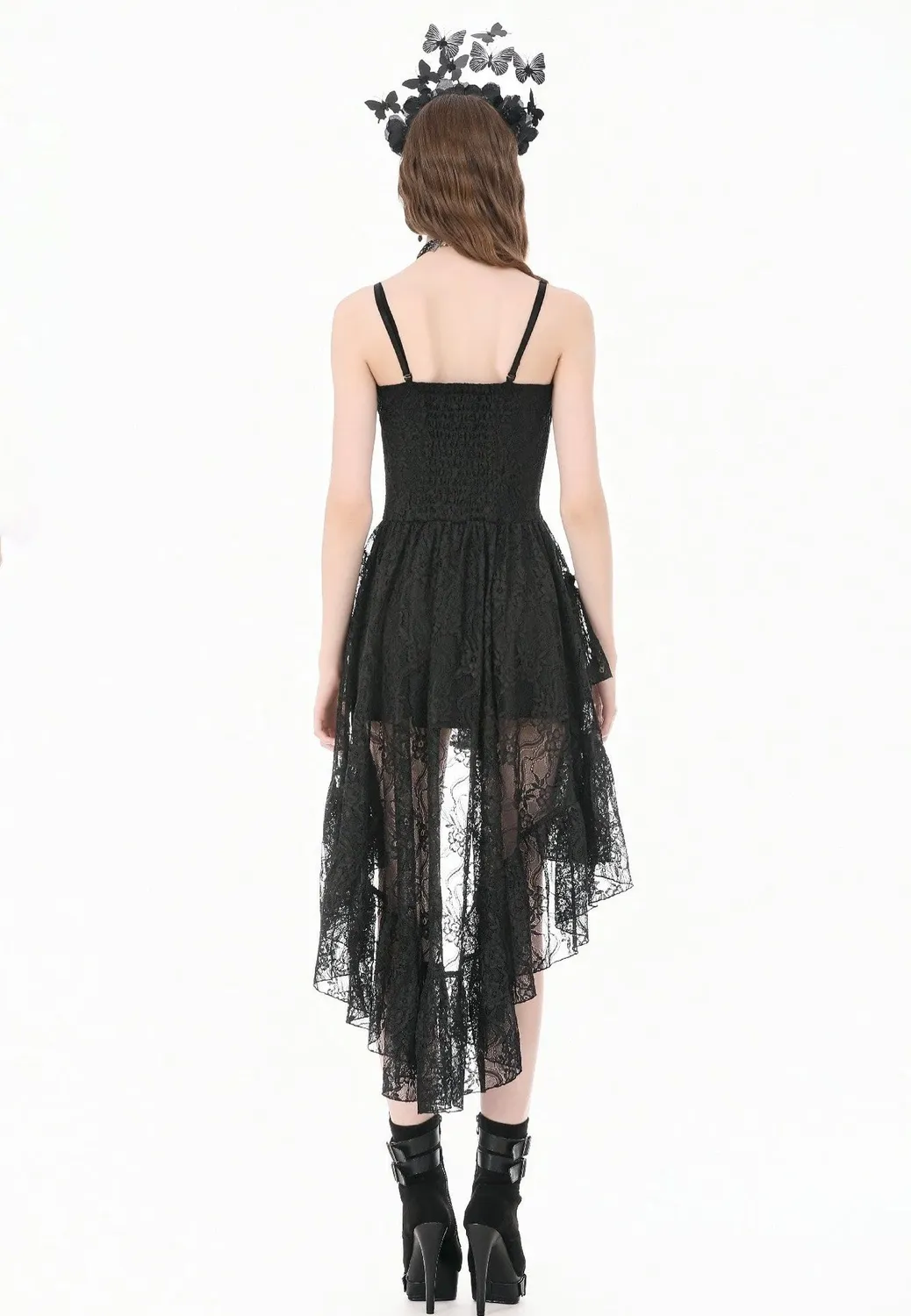 Retro Gothic Lace Camisole High-Low Ruffle Kleid Schwarz Spitze