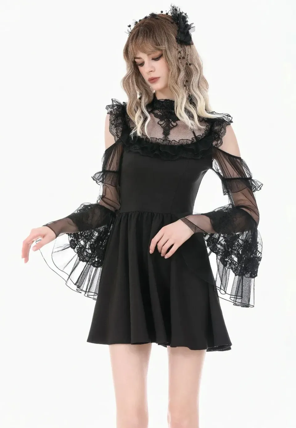 Impericon Romantic Gothic High-Neck Sheer Mesh Kleid schwarz