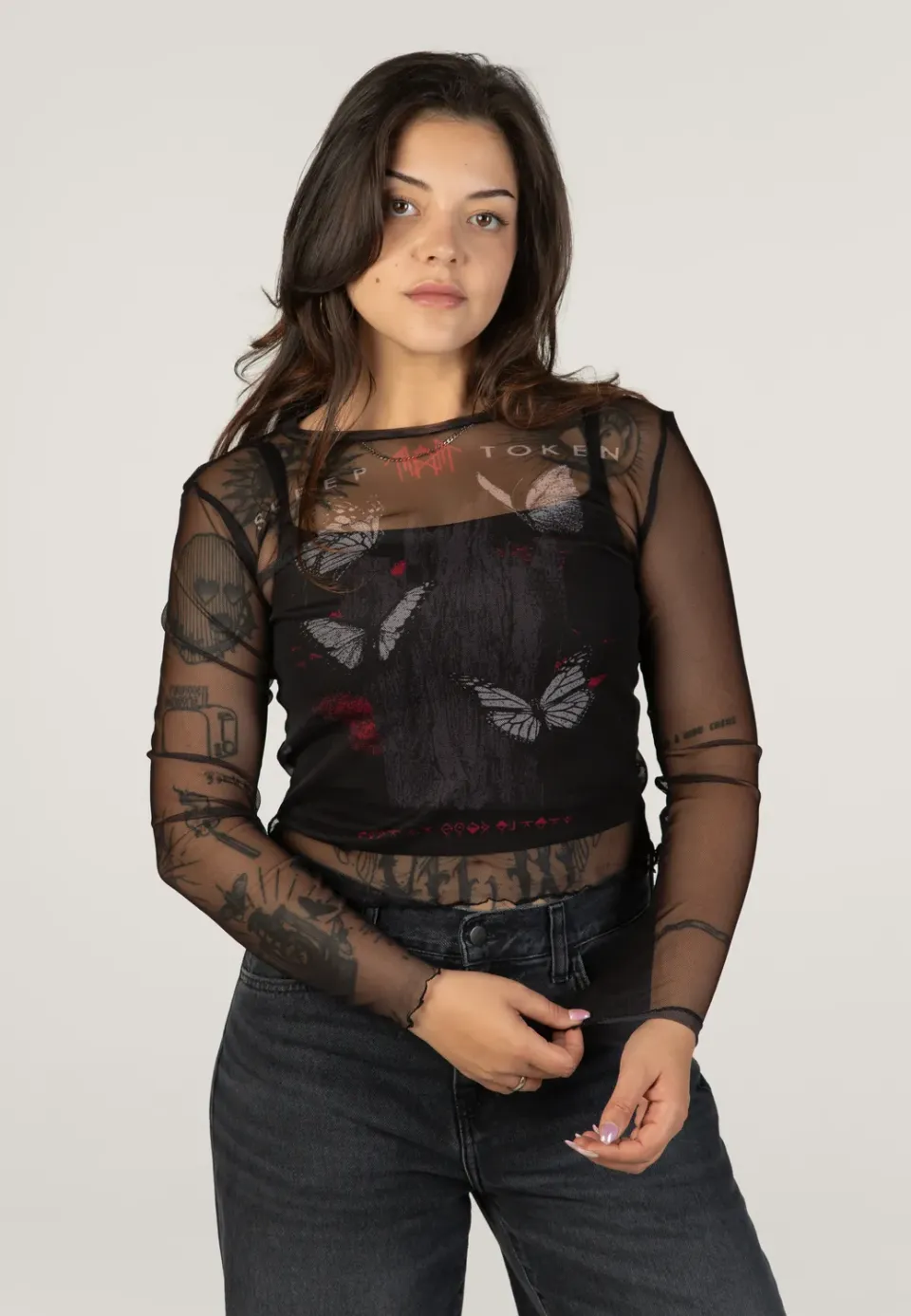 Impericon Butterflies Mesh Cropped Longsleeve schwarz