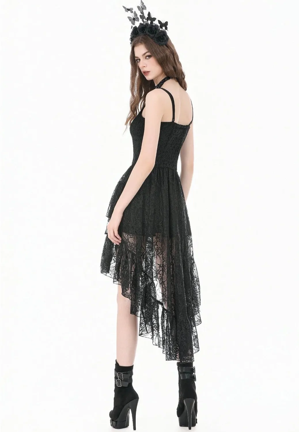 Retro Gothic Lace Camisole High-Low Ruffle Kleid Schwarz Spitze