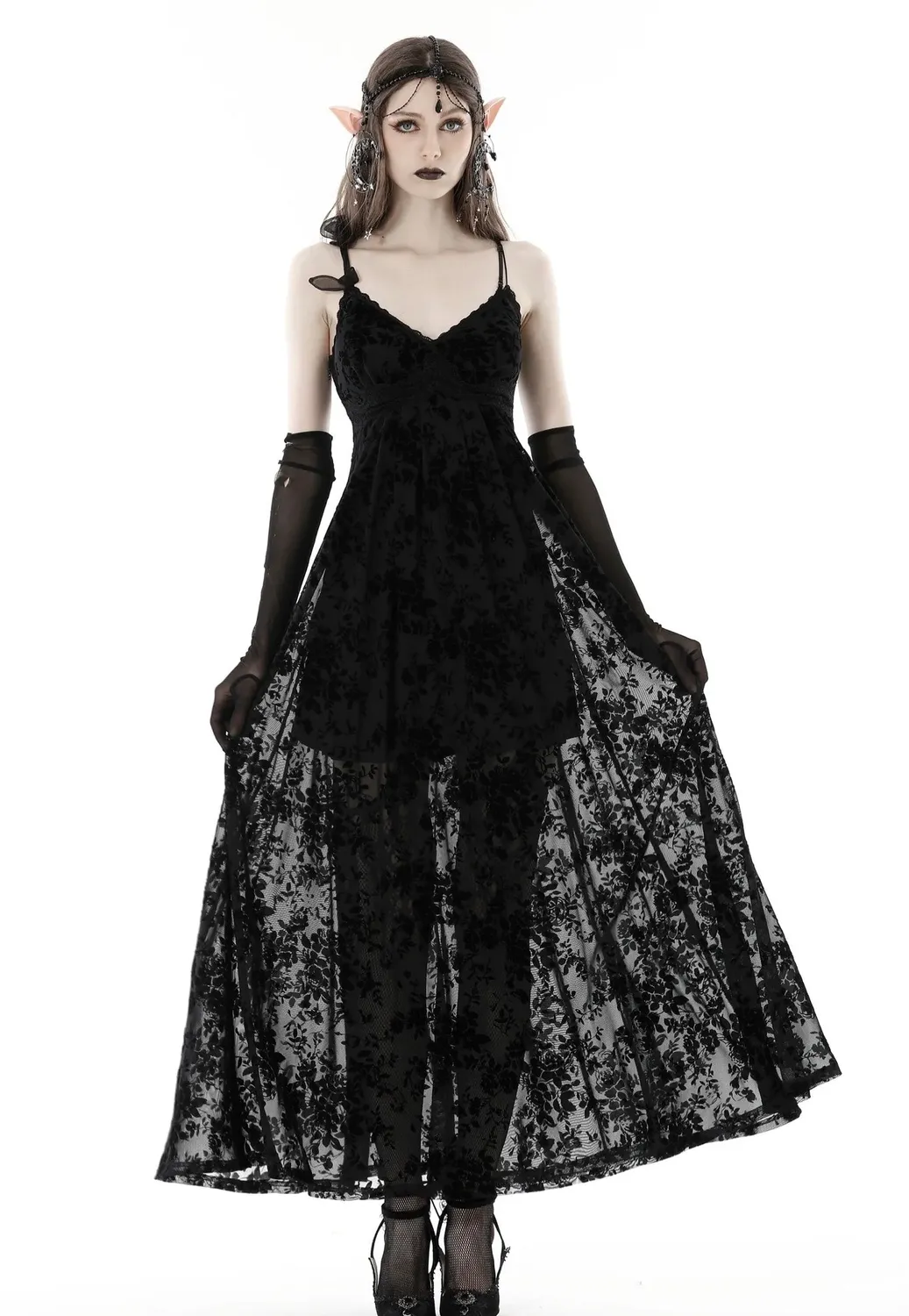 Impericon Gothic Rose Flocking Maxi Kleid schwarz Mesh