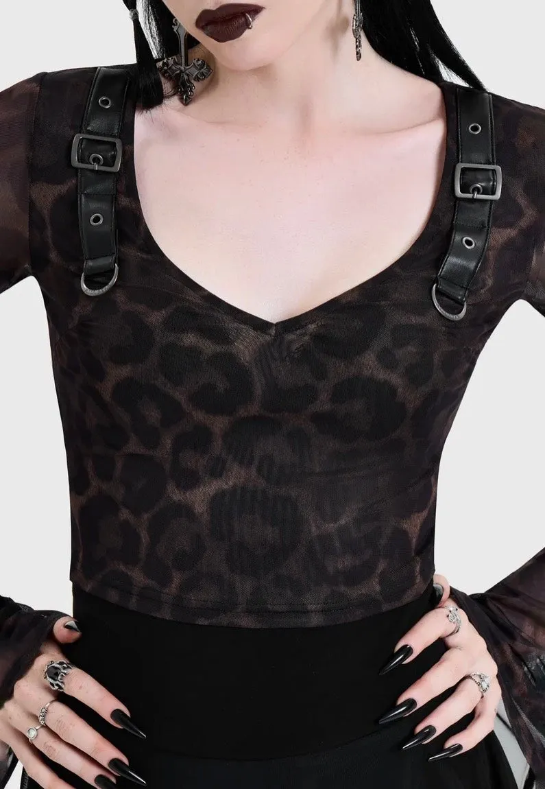 Leopard Flared Sleeve Brown Oberteil Mesh braun